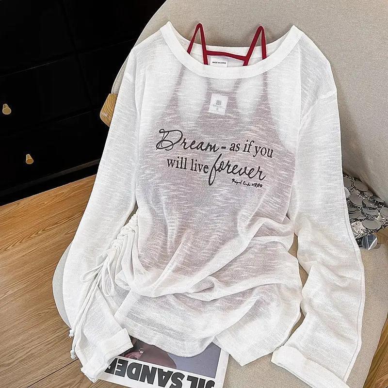Summer Beach Niche Long-Sleeve Sun-Protective Off-Shoulder Blouse for Women, Pure Desire Style, Loose Fit, Slimming, Slightly Sheer Top, Trendy Summer Beach Niche Long-Sleeve Sun-Protective Off-Shoulder Blouse for Women, Pure Desire Style, Loose Fit, Slimming, Slightly Sheer Top, Trendy