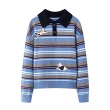 条纹polo领蓝色毛衣女25秋冬季新款复古学院风针织衫Y0221012018