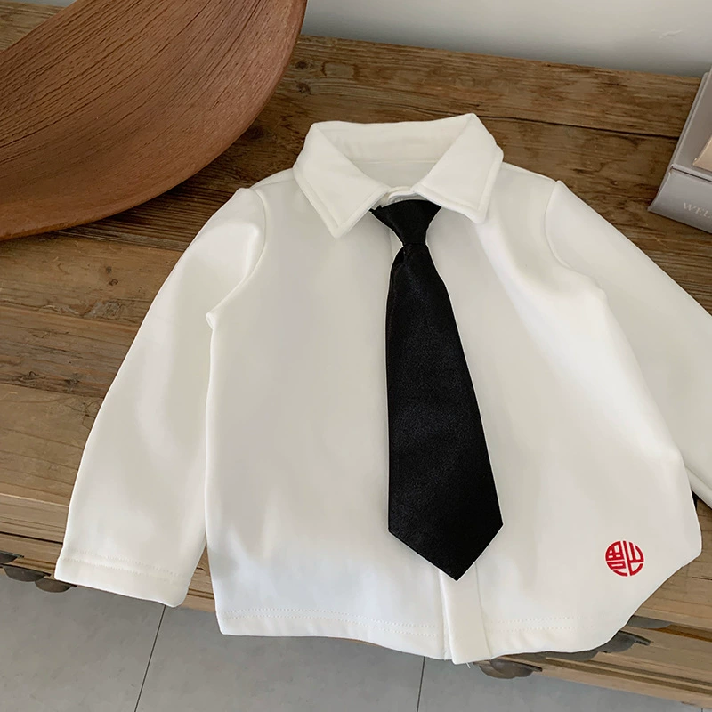 Tong Chenchen Mom Мужская детская одежда Новогодняя новая одежда Детская белая рубашка с флисовой подкладкой Маленький джентльмен Базовая рубашка с лацканами