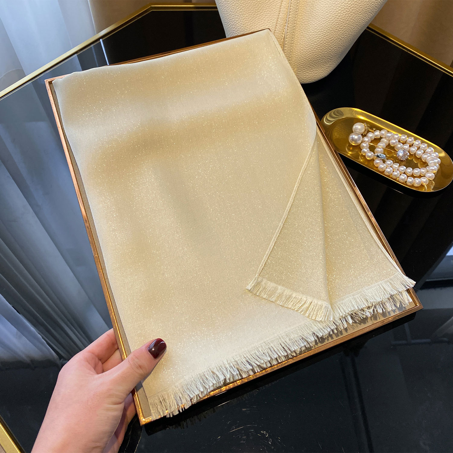 Women's Gold Thread Tencel Cotton Silk Scarf Solid Color Fashionable Versatile Thin Long Beach Neck Warmer_voghion.com