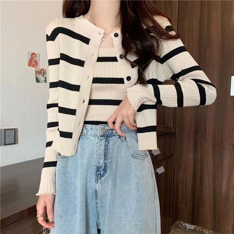 81g Weight Long Sleeve Sleeve Length Single Breasted Placket Type Ice Silk, Polyester Fabric Type Short Top Length Knitwear Tops Type Daily Occasion Round Neck Neckline Slim Fit Type Stripe Pattern Spring, Autumn Season Women's Gender Casual Style Wholesale Women's Ice Silk Polyester Casual Stripe Long Sleeve Sweaters & Cardigans 29