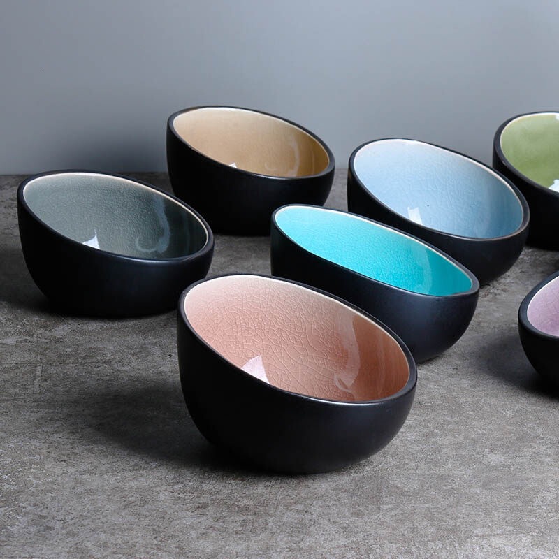 Creative Ice-Crack Glaze Ceramic Bowl for Home Use, Rice Bowl, Dessert Bowl, Eating Bowl, Slanted Mouth Bowl, Ice-Crack Pattern Irregular Bowl