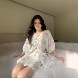 CZ ZHANG夏季法式甜美风灯笼袖上衣水彩印花绑带设计小衫女A23237