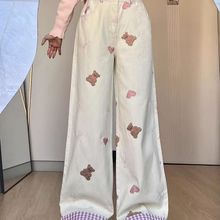 牛仔裤女美式撞色格纹拼接卷边设计感甜美小熊刺绣设计休闲直筒裤