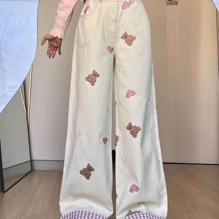 牛仔裤女美式撞色格纹拼接卷边设计感甜美小熊刺绣设计休闲直筒裤