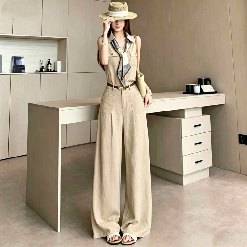 Designed in a Old Money Style, Women's Summer Sleeveless Top + Wide-Leg Pants Two-Piece Set