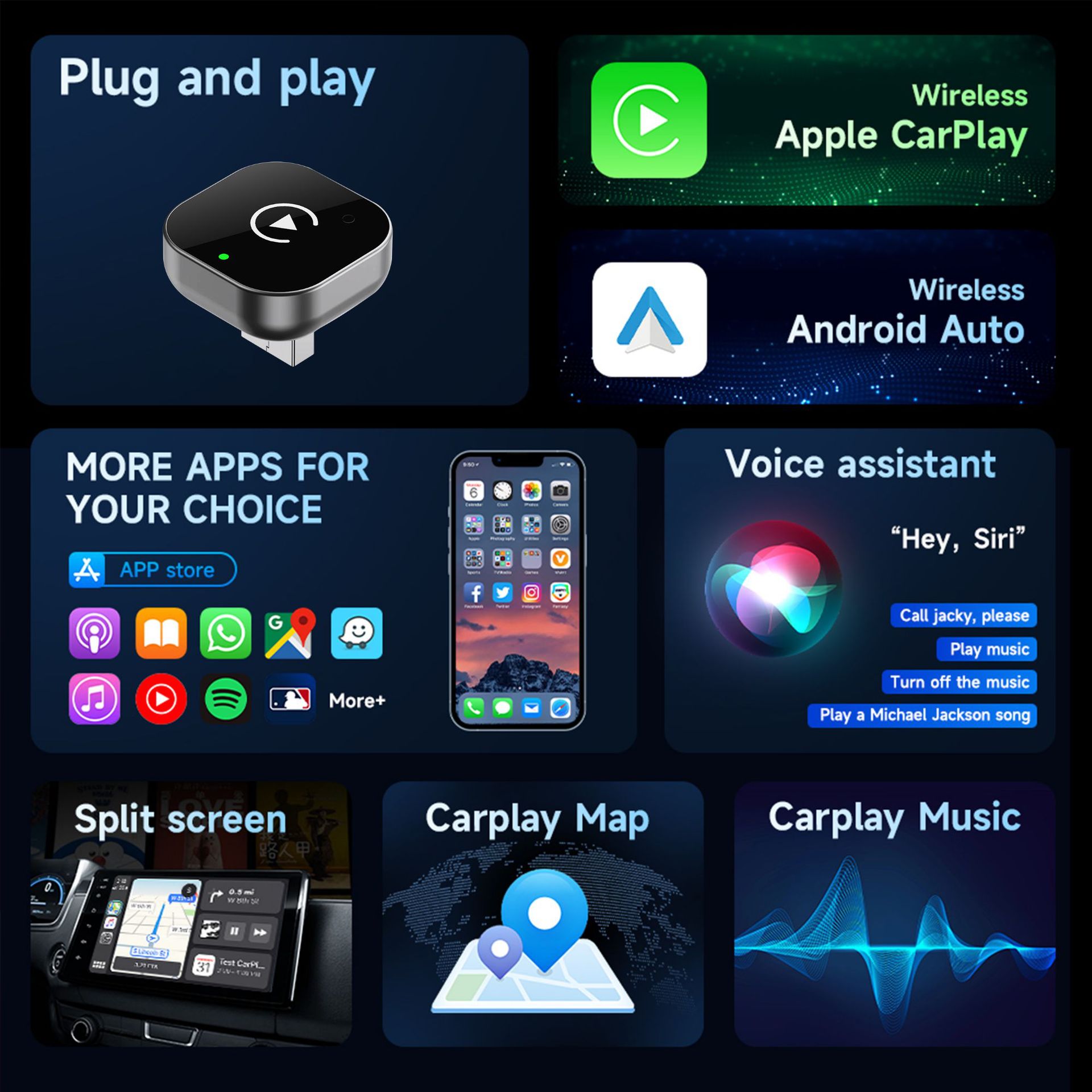 Transfronterizo carplay box cable a inalámbrico adaptador inteligente interconexión de motor y vehículo actualización inalámbrica