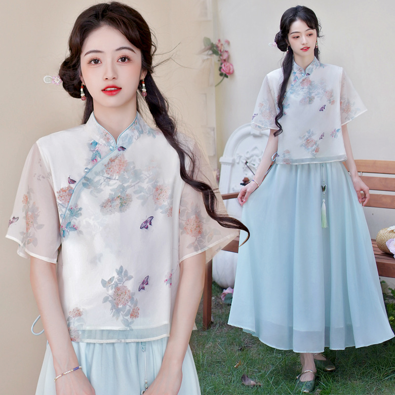 6528新中式国风复古改良旗袍印花上衣两件套仙气复古文艺少女套装