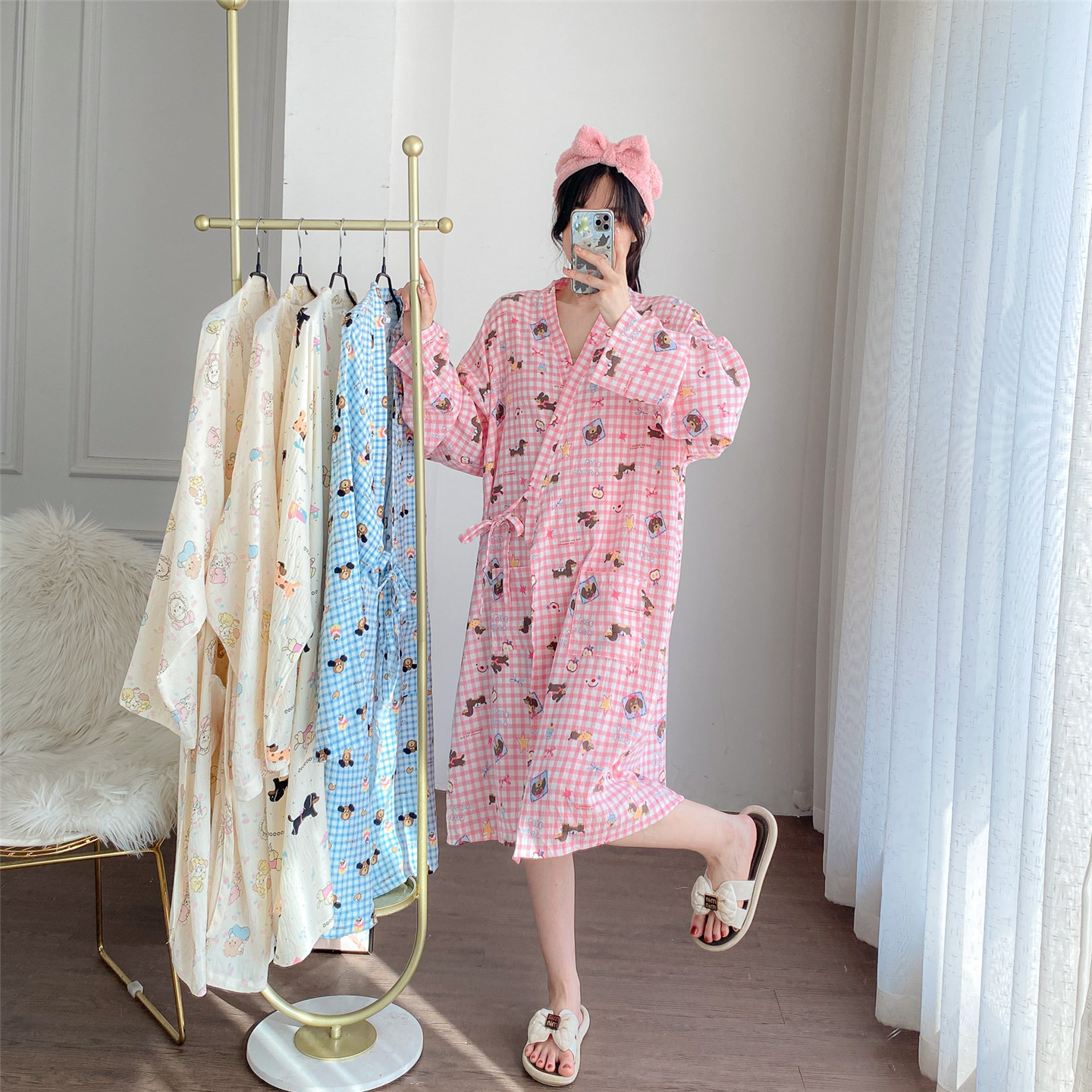 Japanese Long Sleeve Kimono Nightdress Autumn Thin Cloud Cotton Cute Cartoon Home Wear Plus Size 100kg Bathrobe Bathrobe