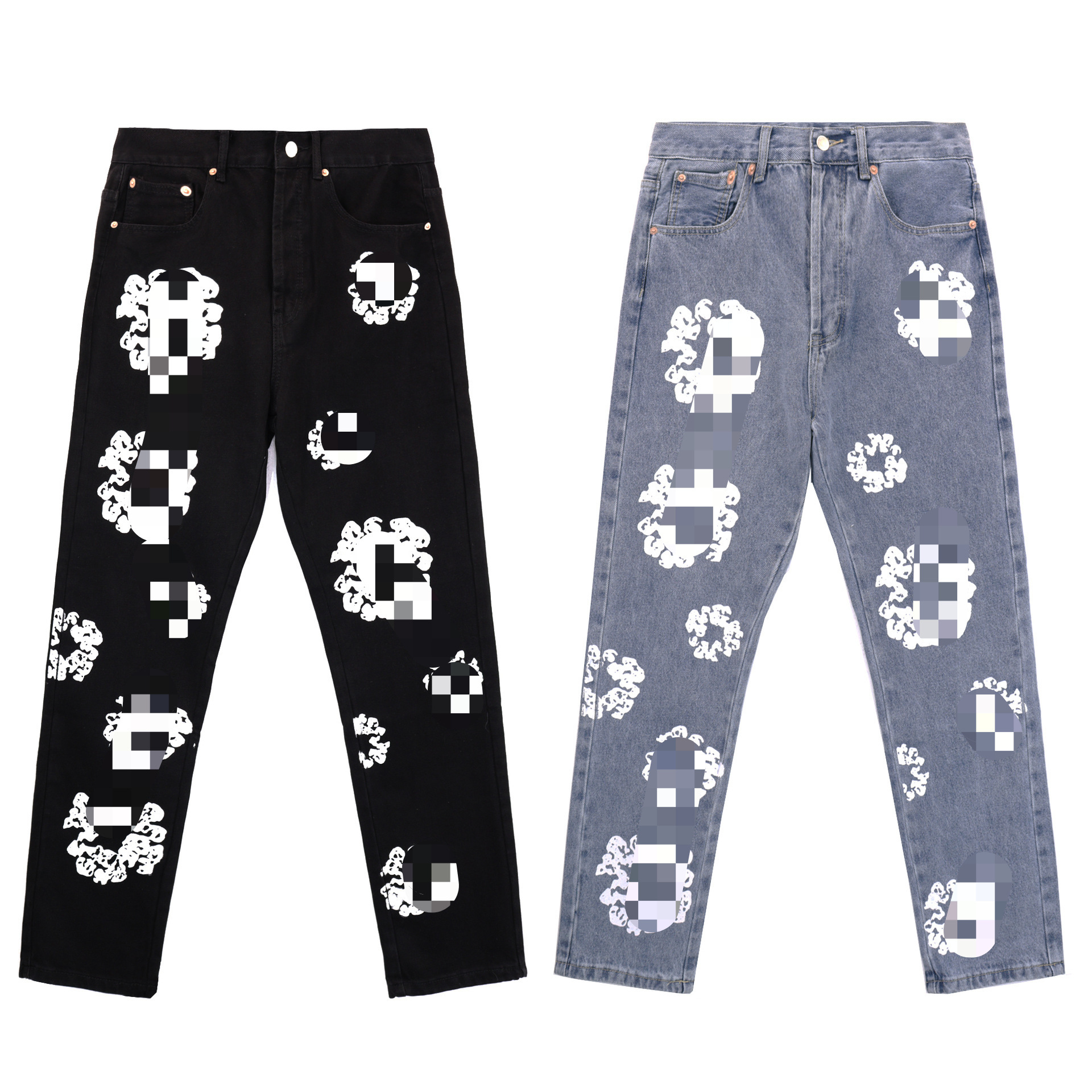 DenimTears trendy denim jeans with floral print, stylish straight-leg slim fit, perfect for spring and autumn.