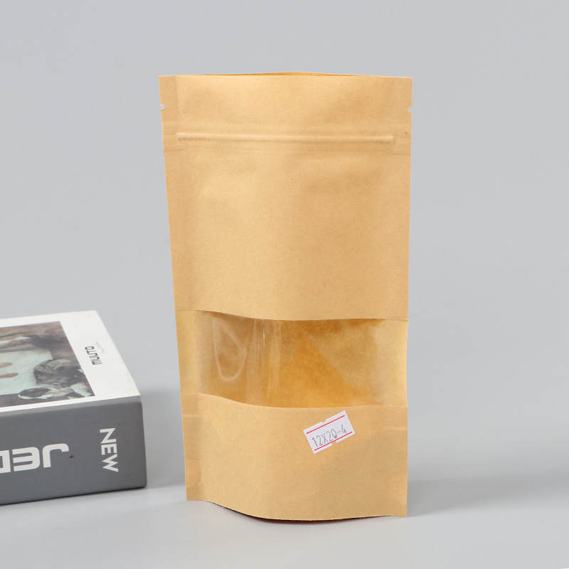 Spot bolsa de papel kraft con ventana transparente bolsa de embalaje de alimentos autosellada autoportante bolsa de té sellada de ocho lados fácil de rasgar
