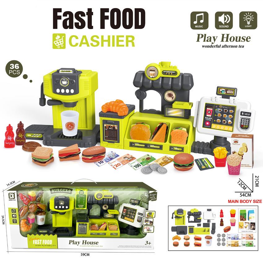 Simulación transfronteriza de supermercado infantil caja registradora de compras casera helado postre hamburguesas cafetera juego de juguetes