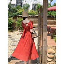 红色连衣裙法小众设计感长裙气质新款别致漂亮子女夏季代发厂家