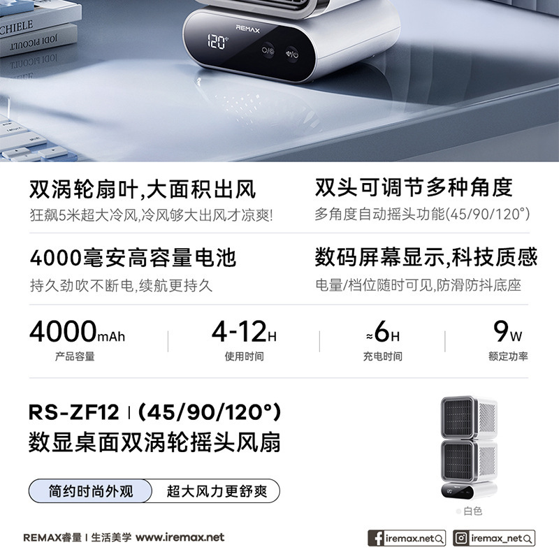 REMAXとデジタル表示デスクトップのダブルターボ首振りファンは、USB充電4000ミリアンペアの大容量ファンをサポートしています|undefined