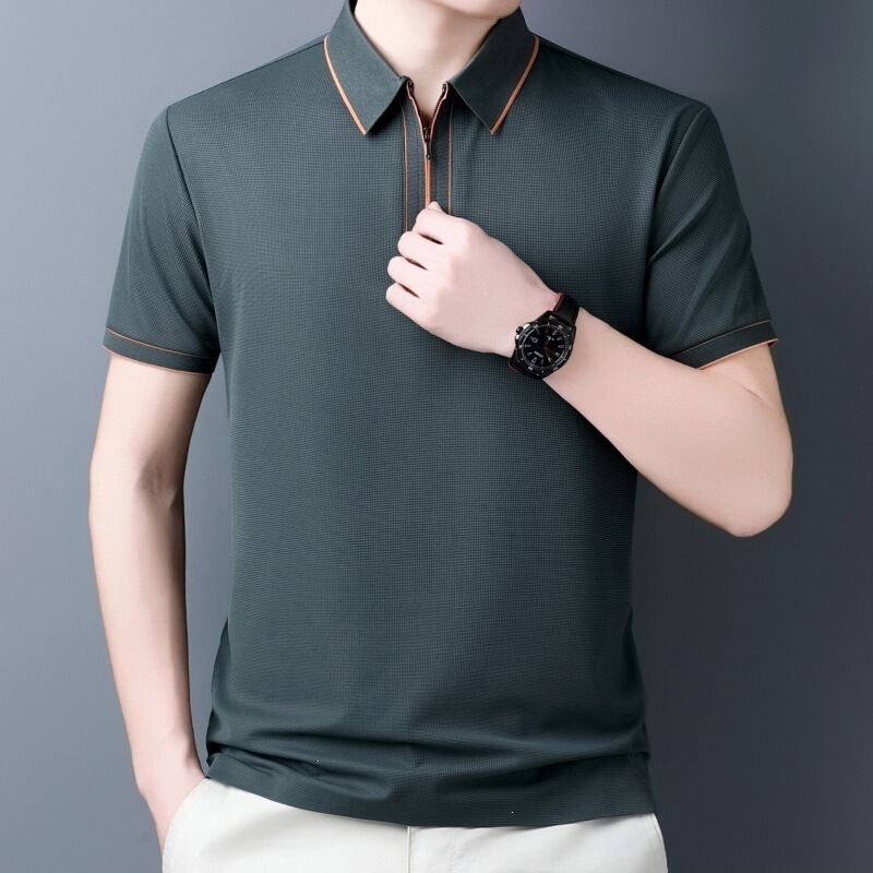 Brand Summer Short-Sleeved T-Shirt for Young and Middle-Aged Men with Zipper Lapels, Casual Men's Wear, Mulberry Silk Ice Silk Polo Shirt Brand Summer Short-Sleeved T-Shirt for Young and Middle-Aged Men with Zipper Lapels, Casual Men's Wear, Mulberry Silk Ice Silk Polo Shirt