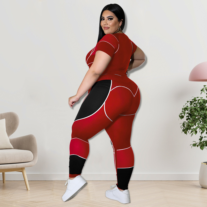 Plus Size Workout Sets For Women 3/4 Sleeve Crop Top And High Waist Yoga Pants, Color Block Sports Outfit, Sweet Style Athletic Wear_ecoleips.com