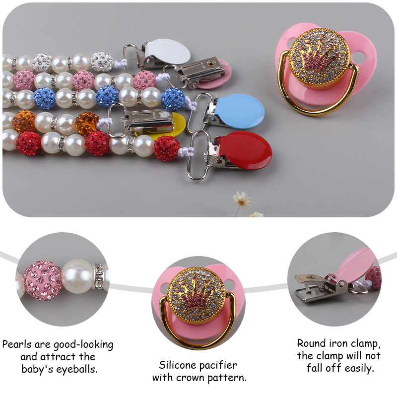Nuevo bebé suministros corona patrón chupete bebé creativo perla chupete cadena anti-caída traje de cadena
