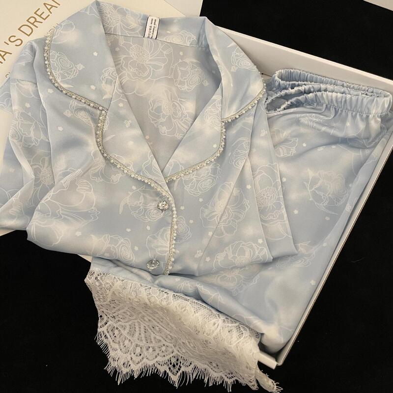 French Style Light Luxury High-end Lace Design Ice Silk Pajamas Women's Spring and Autumn New Skin-friendly Breathable Home Clothes suit