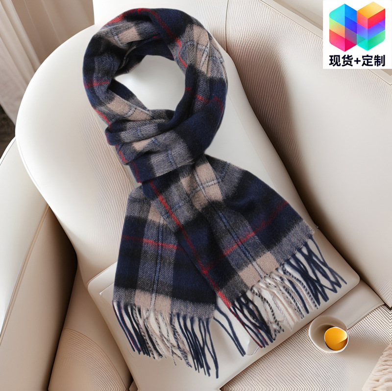 Manufacturer's Thick Wool Plaid Scarf, Round Neck, Unisex, Warm and Cold-Resistant, Long Strip for Autumn and Winter