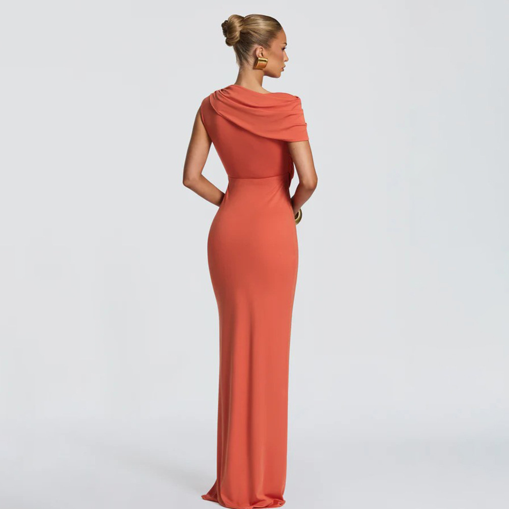 Transfronterizo Amazon 2026 nuevo temperamento sólido hombro inclinado hueco vestido de cintura delgado vestido de cadera