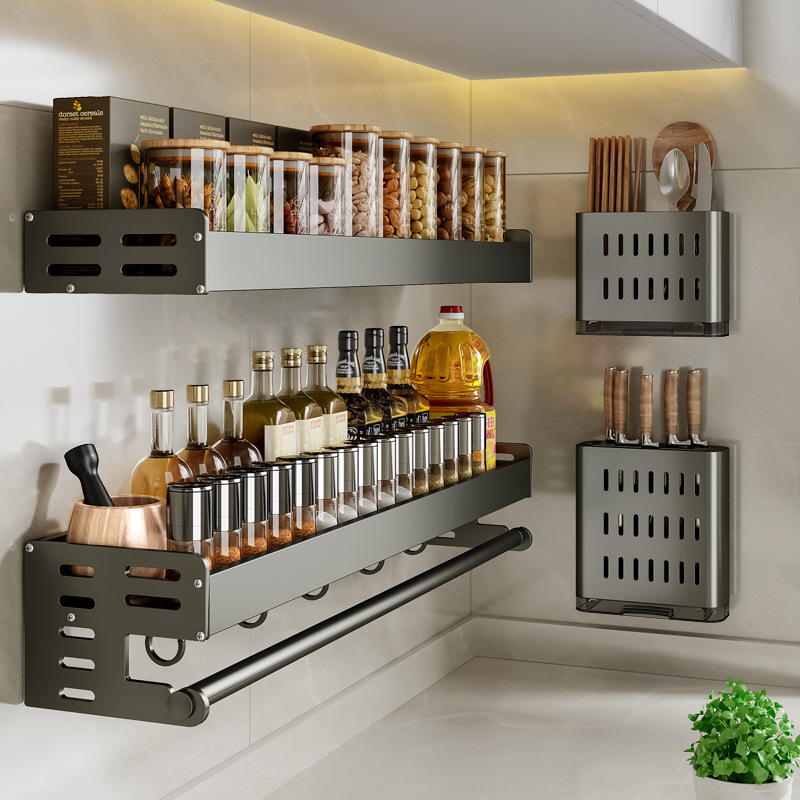 Kitchen rack punch-free wall-mounted knife rack seasoning supplies rack multi-functional storage rack
