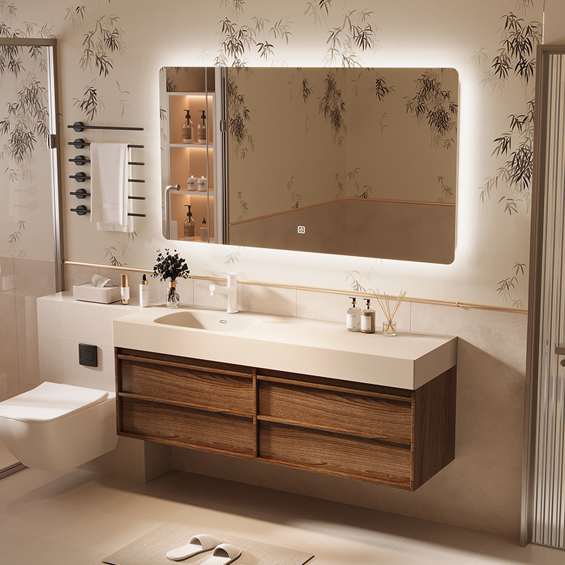 Medieval Style Slate Hot-Bent Integrated Basin Bathroom Cabinet Solid Wood Combination Bathroom Smart Wash Basin Bathroom Customization