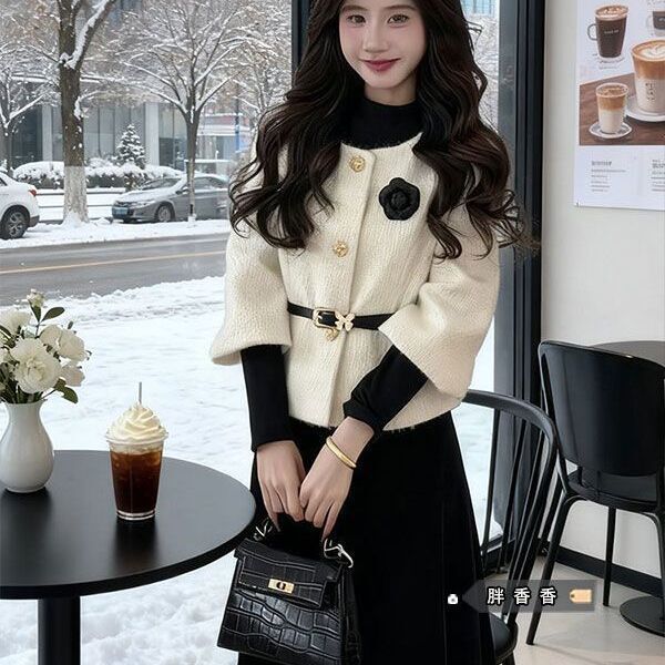 French-Style Sweet Three-Piece Set for Women, Autumn and Winter, Chanel-Style Shoulder-Length Jacket, Fitted Knit Top, and Waist-Cinching Skirt