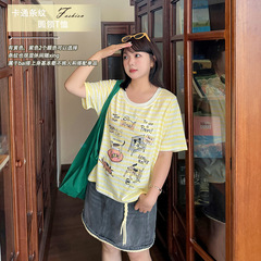 ダブルデイ 2025 新しいファットガール婦人服大きいサイズ夏プラス脂肪 100kg 漫画ストライプラウンドネック Tシャツ 9011