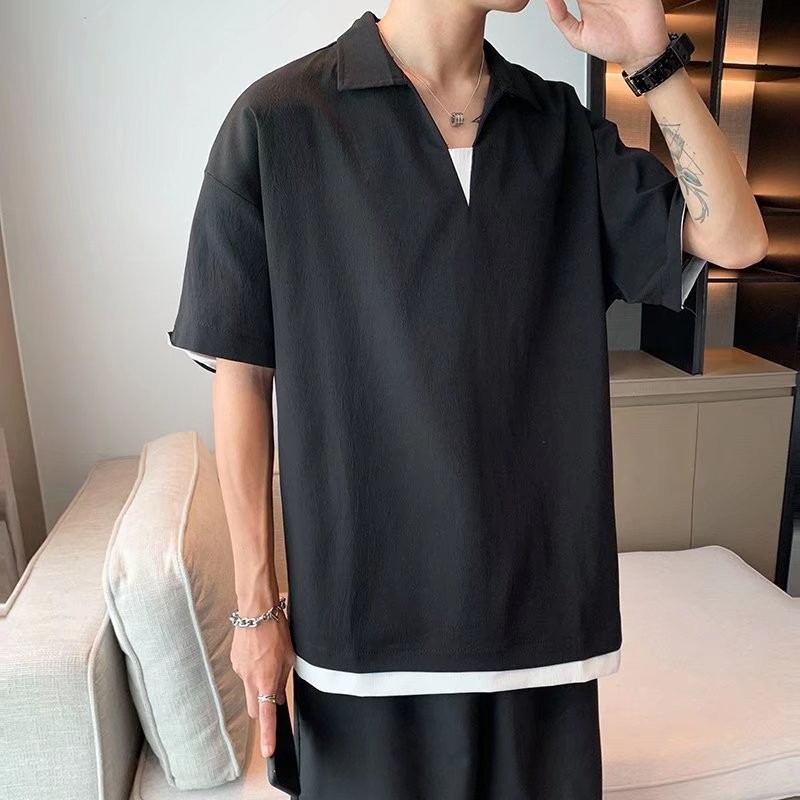 Camisa de polo casual japonesa simple de verano suelta, estilo de Hong Kong para hombres, solapa de manga corta para estudiantes, camiseta de estilo Harajuku, tendencia