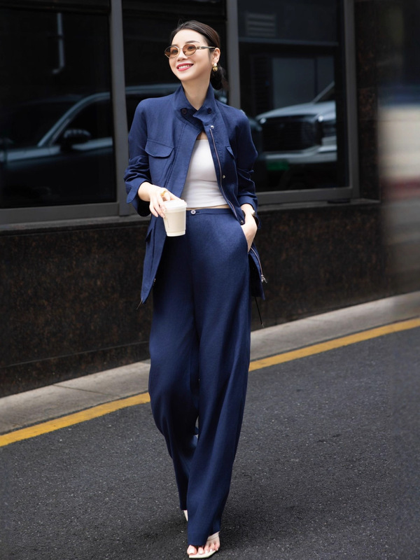 南油2025秋高级感气质亚麻套装女老钱风肌理感工装衬衣长裤两件套|undefined