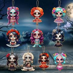 10 個のレトロな木製吊り下げ装飾品カラフルなスカルと花死者の日装飾ハロウィンクリスマスホームペンダント