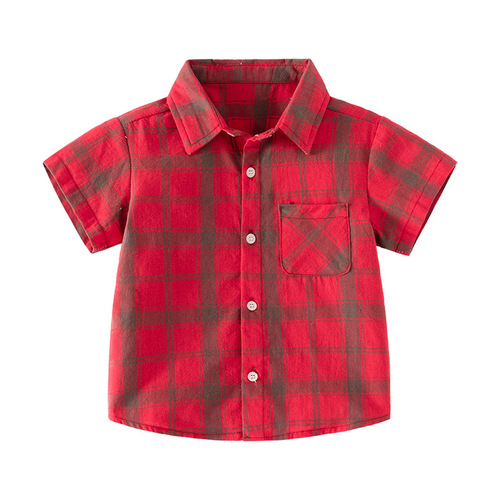 Fashionable plaid style short-sleeved short-sleeved soft and skin-friendly casual style lapel summer shirt for small and medium-sized boys