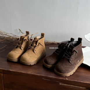 2024 Autumn and Winter Korean Style Children's Short Boots Girls Frosted Genuine Leather Carved Vintage Martin Boots Boys Soft-soled Single-layer Boots