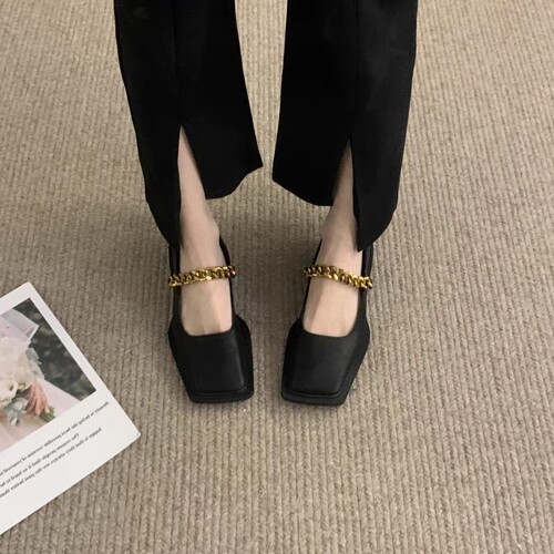 Metal chain square toe retro loafers for single women  new British versatile Mary Jane small leather shoes for women