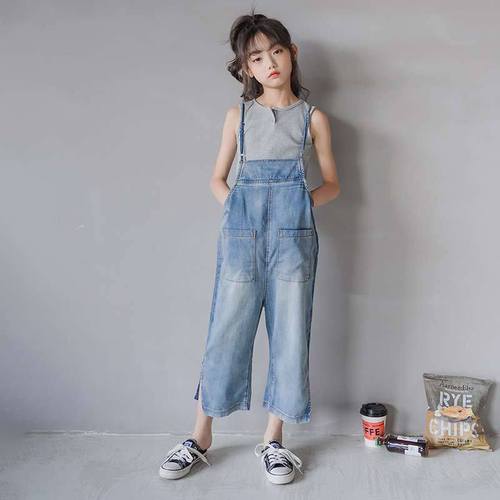 Girls overalls new summer style Korean style children's clothing girls Tencel casual children's overalls straight-leg distressed