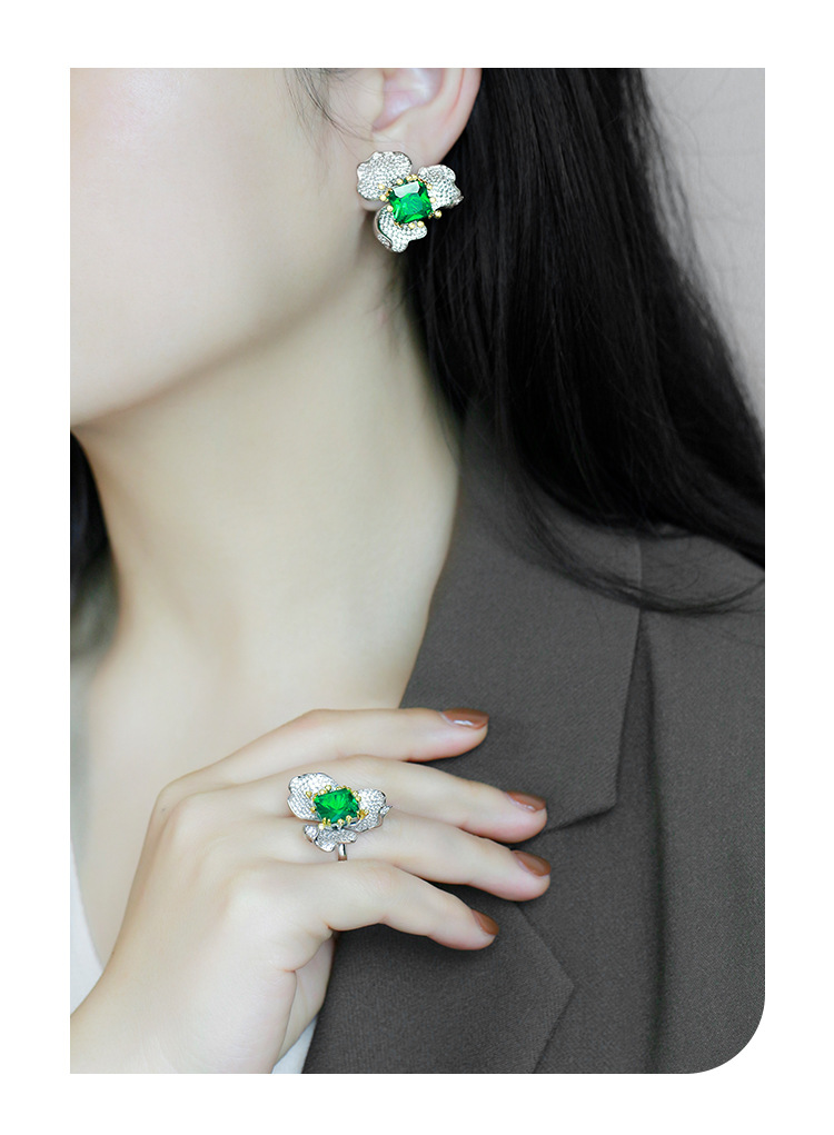 High-end Jewelry Flower Stud Earrings Dignified Generous Style Fashion Green Imitation Emerald Ring High-grade Necklace Set For Women display picture 9