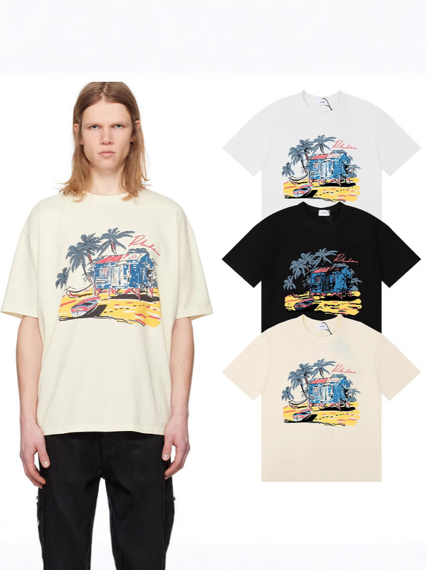 Cross-Border Exclusive Rhude Beach Coconut Tree House Boat Print High-Quality Double Yarn Pure Cotton Men's and Women's Short-Sleeved T-Shirts