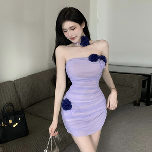 Design mesh flower strapless scarf dress