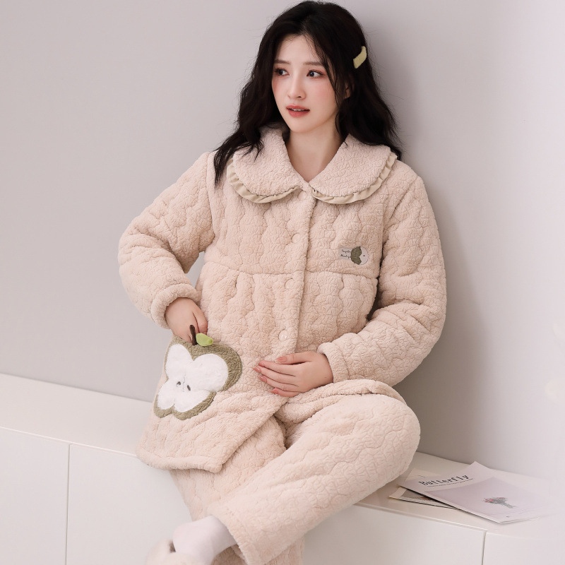 孕妇夹棉冬季超厚保暖三层加厚暖芙绒开衫睡衣可外穿孕期月子服