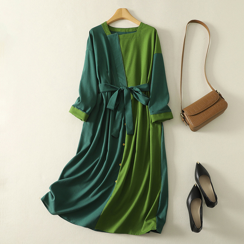 民族风连衣裙棉麻文艺复古拼色长裙中国风袍子潮