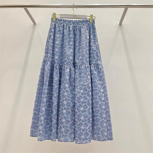 Korean all-match temperament cotton skirt with exquisite embroidery and hollow stitching with A-line large skirt and umbrella skirt. Summer style for women.