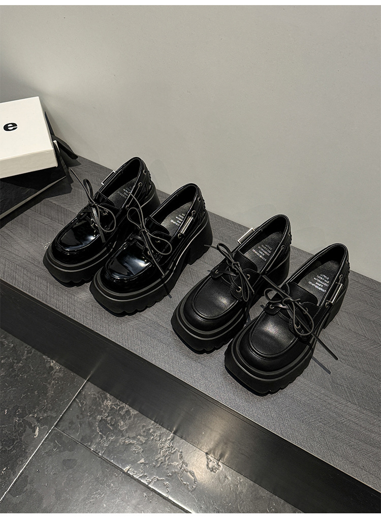 Giày loafer nữ đế xuồng platform dây buộc phong cách Anh quốc – mũi sâu, da bóng, gót 5 cm — Đen (bóng), Đen (mờ) chi tiết 21
