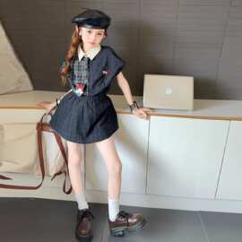 燃拓女童套装2026秋儿童拼接衬衫半身裙学院风中大童两件套跨境1