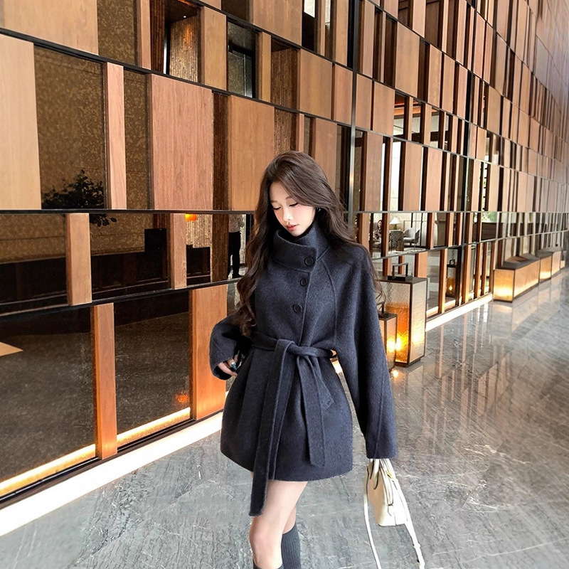 Dark Smoky Gray Double-Sided Cashmere Outwear Women's Short Style Small 2025 Autumn and Winter New High-End Woolen Outwear