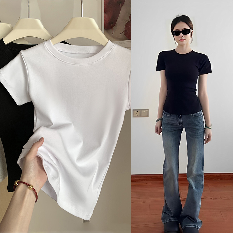 "Slim waist" Korean short-sleeved T-shirt women's round neck casual black slimming slim sweet top women