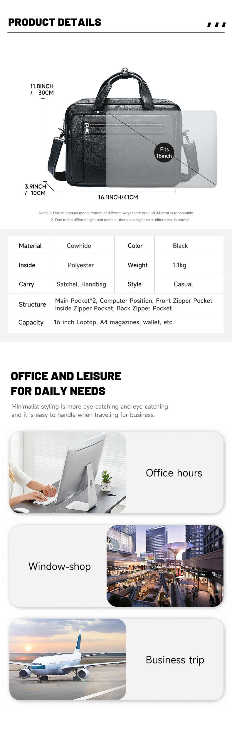 Cặp da bò công sở nam đựng laptop 16 inch nhiều ngăn — Màu đen, Màu cà phê, Màu đen da sáp dầu, Cà phê dầu chi tiết 3