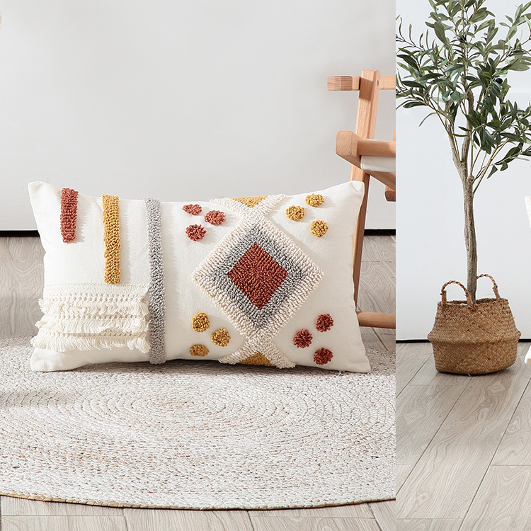 Moroccan style color velvet embroidery pillow case tufted tassel cushion case model room waist pillowcase spot supply_voghion.com