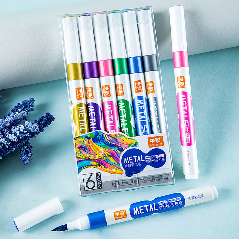 H501 metal pluma flash pluma metal marcador de color DIY diario fluorescente marcador pluma 6 colores traje