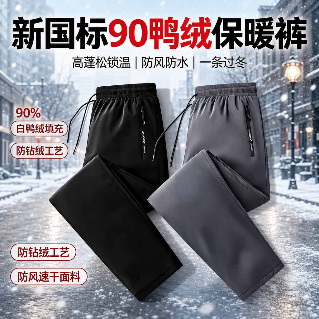 90% white duck down men's down pants for outdoor wear in winter, with added fleece lining, thickened for cold protection, windproof and waterproof, straight-leg outdoor sports pants
