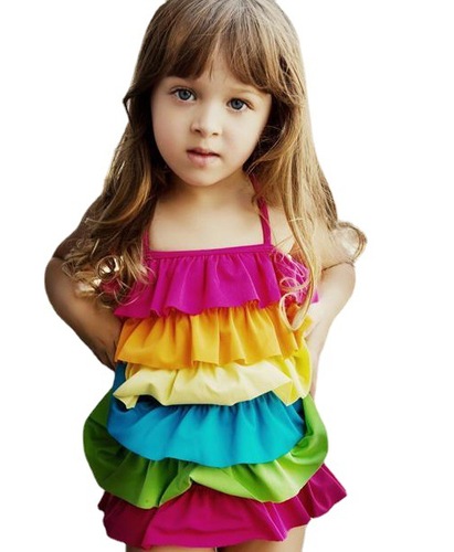 Wholesale Children's Swimwear, Girls' Hot Spring Swimsuit, One-Piece Striped Rainbow Strips, Small and Medium Children's Girls' Swimwear